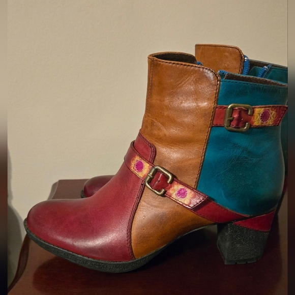L'ARTISTE Spring Step Oxblood Red Teal Blue Gold Leather Ankle Boots Size 38 - Picture 6 of 11